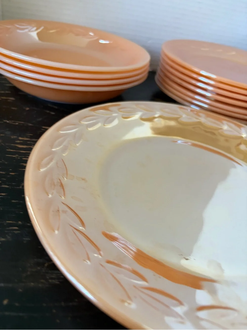 Set of Vintage Fire King Peach Lustre Laurel Leaf bowls and plates